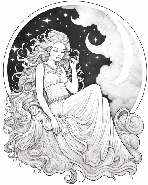 Foto un dibujo de una mujer sentada en una nube con una luna en el fondo generativo ai