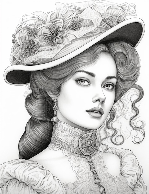 dibujo de una mujer con sombrero y collar ai generativo