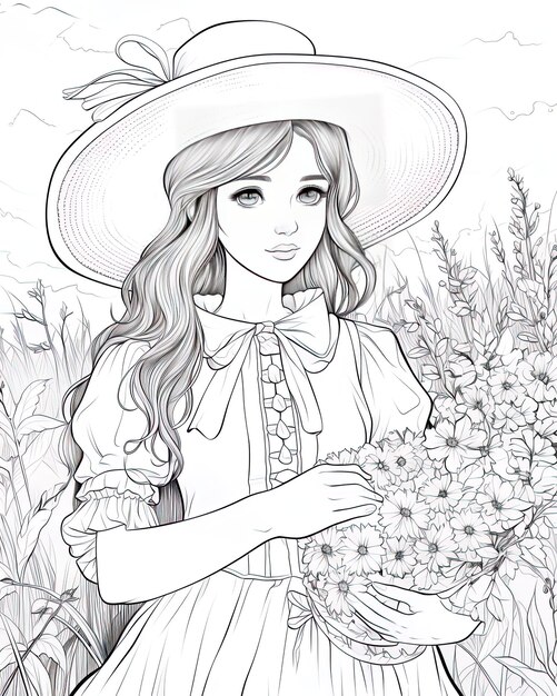 un dibujo de una mujer con un sombrero y una flor en la mano