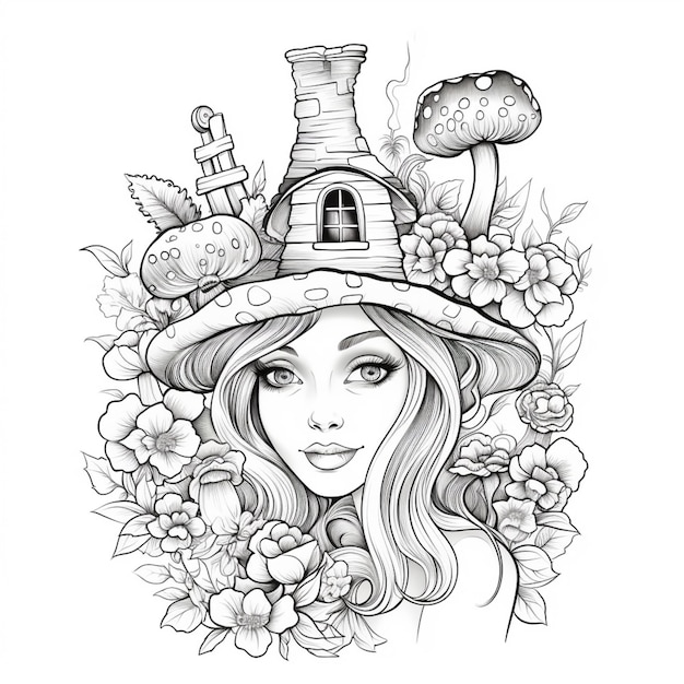 un dibujo de una mujer con un sombrero y flores generativo ai