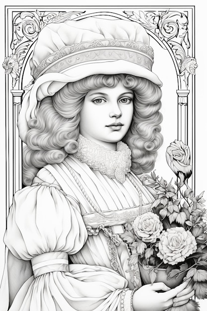 Foto un dibujo de una mujer con un sombrero y flores generativo ai