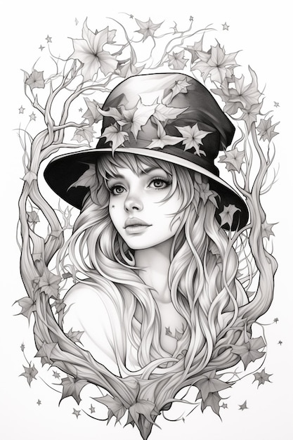 un dibujo de una mujer con un sombrero y flores generativo ai