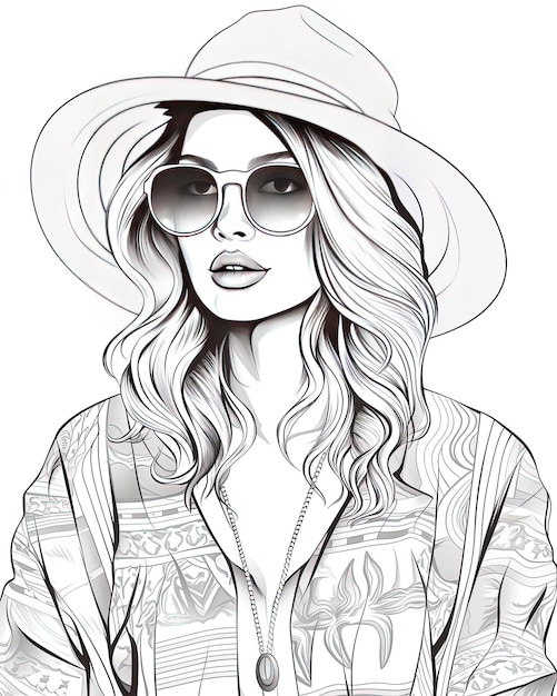 un dibujo de una mujer con un sombrero y gafas de sol