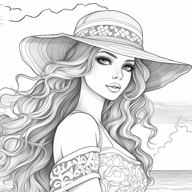 un dibujo de una mujer con un sombrero en la playa ai generativo