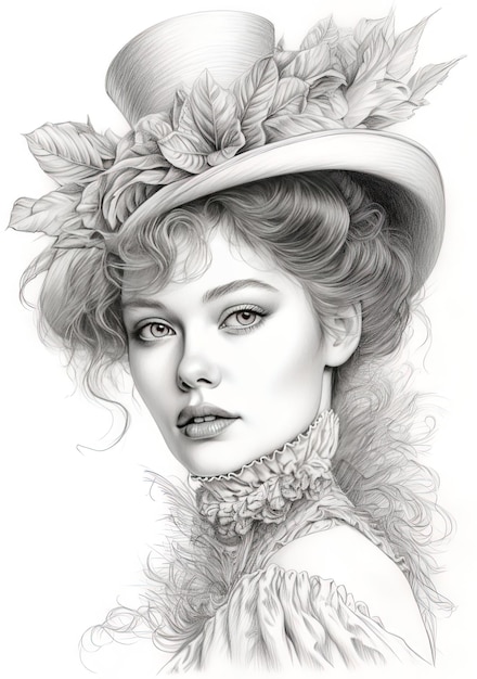 un dibujo de una mujer con un sombrero con un sombrero de flores.