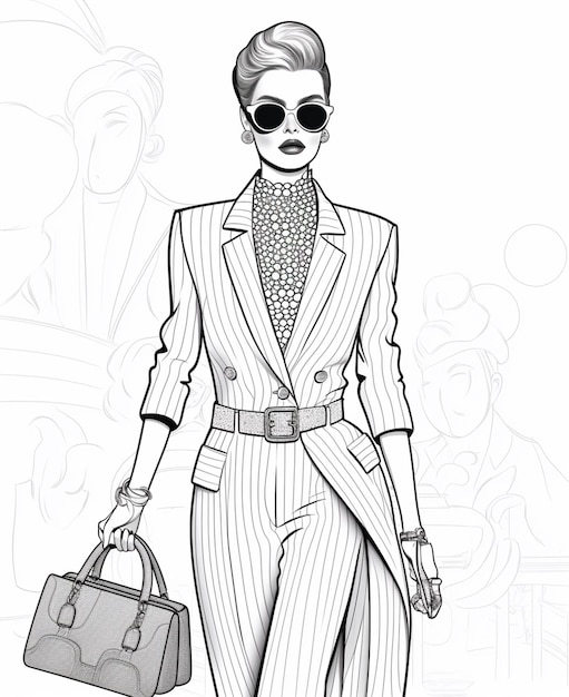 Foto un dibujo de una mujer con traje y gafas de sol con un bolso ai generative