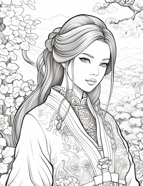 un dibujo de una mujer en un traje de kimono de pie en un jardín generativo ai
