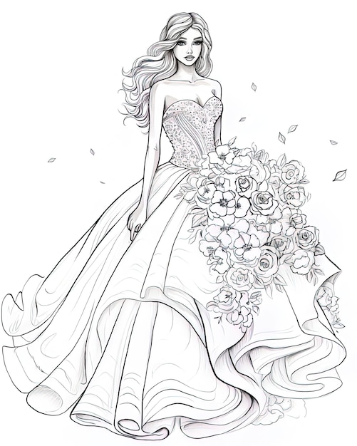 un dibujo de una mujer en un vestido con flores en él