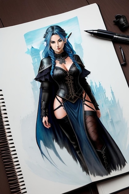 Un dibujo de una mujer con un vestido negro y el cabello azul.