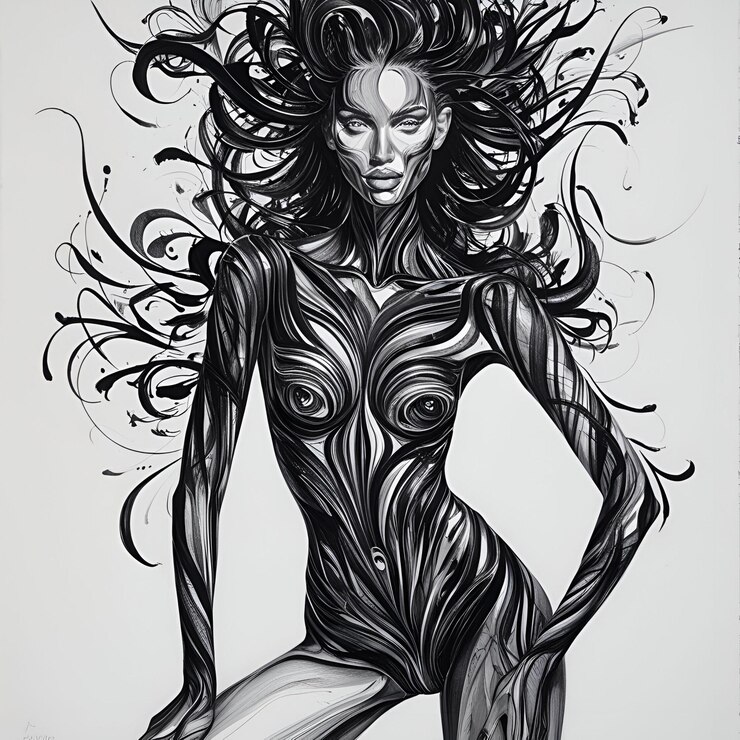 un dibujo de una mujer con un vestido negro y un dibujo De una mujer con cabello largo