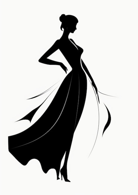 un dibujo de una mujer con un vestido negro y una falda larga blanca.