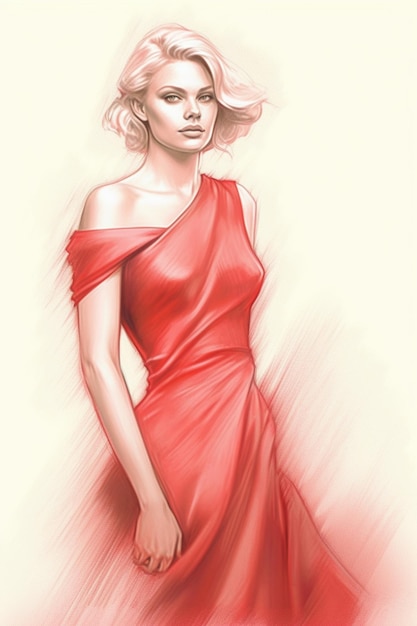 un dibujo de una mujer en un vestido rojo con un vestido largo rojo.