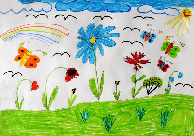 Dibujo multicolor de niños con mariposas y flores