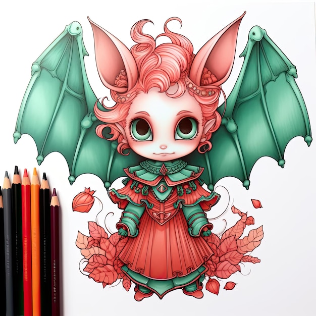 dibujo de un murciélago para las páginas de colorear de Halloween en el estilo de rojo claro y esmeralda oscura