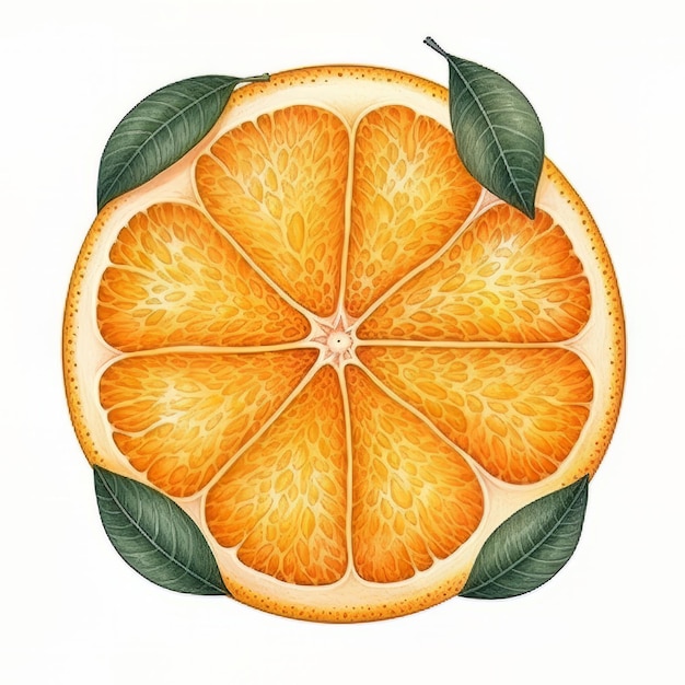 Un dibujo de una naranja con hojas verdes.