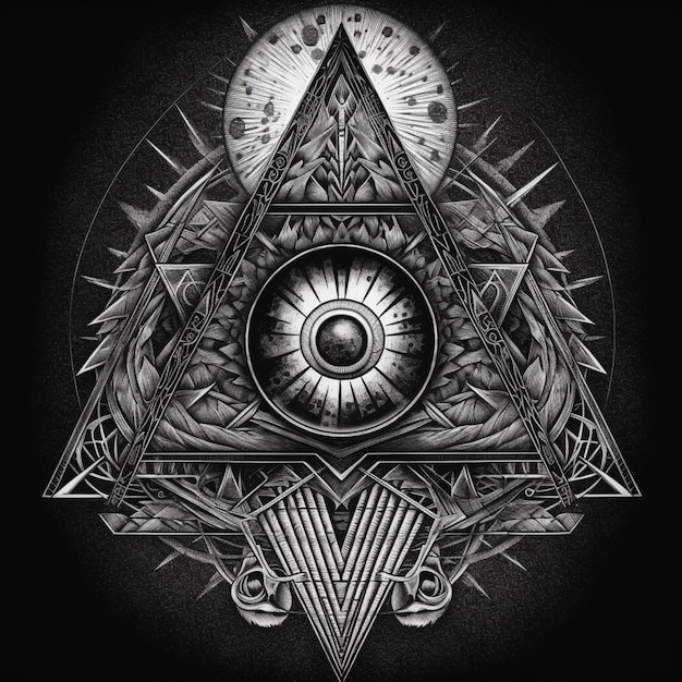 Un dibujo negro y plateado de un triángulo con un gran ojo y un sol.