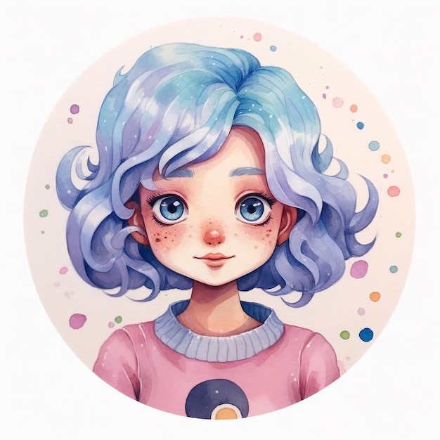 Foto un dibujo de una niña con cabello azul y un suéter rosa.