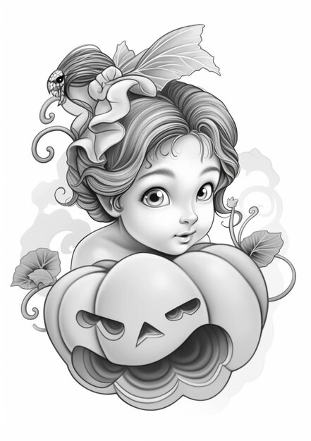 Foto un dibujo de una niña con una calabaza y una mariposa generativa ai