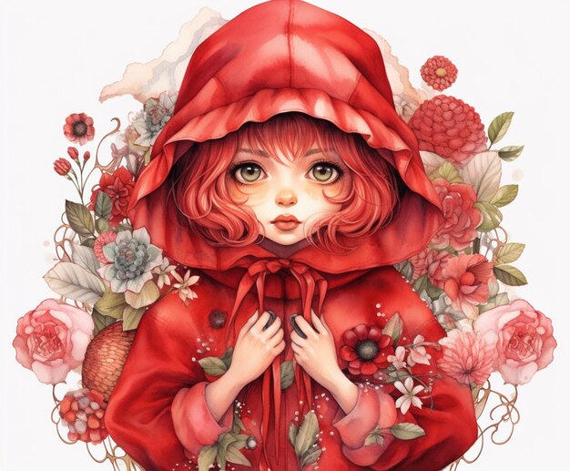 Dibujo de una niña con capucha roja y fondo de flores.