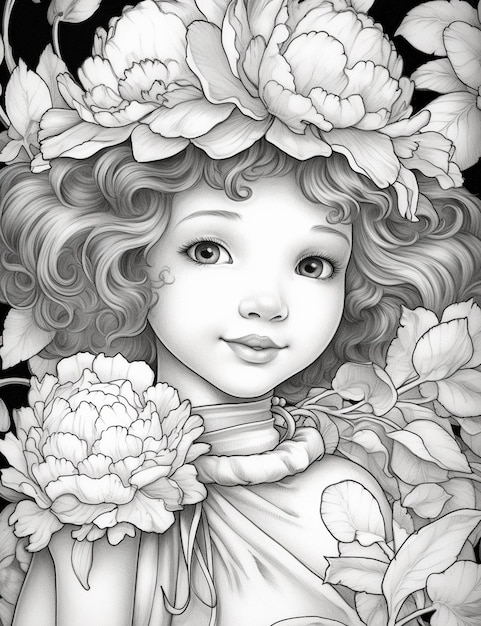 Un dibujo de una niña con flores en el cabello ai generativo.