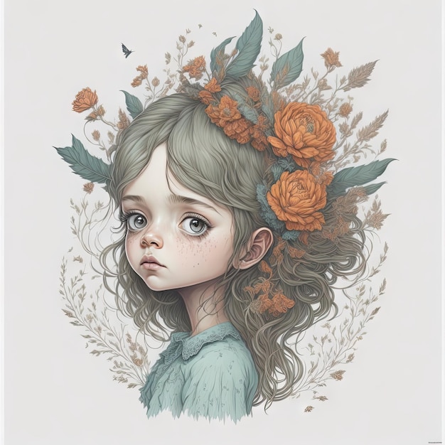 Un dibujo de una niña con flores en la cabeza.