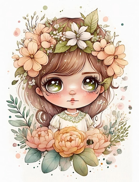 Un dibujo de una niña con flores en la cabeza.