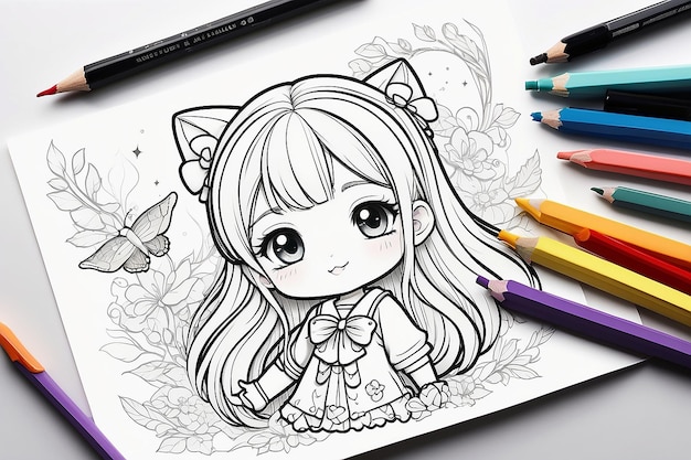 Foto un dibujo de una niña con una mariposa en la cabeza