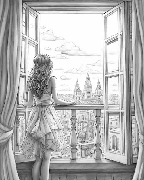 Foto un dibujo de una niña mirando por la ventana a una ciudad generativa ai