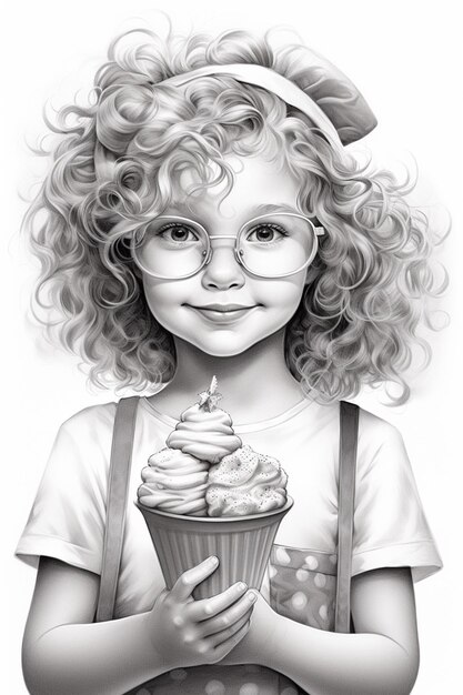 un dibujo de una niña pequeña sosteniendo un pastel con una vela generativa ai