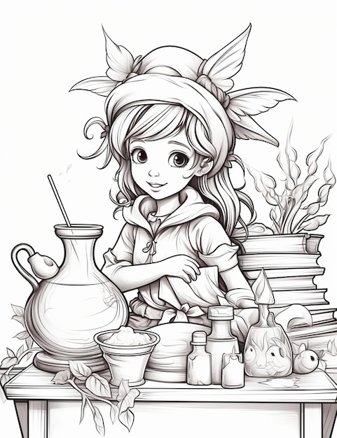 Un dibujo de una niña con sombrero y un jarrón con una planta al fondo