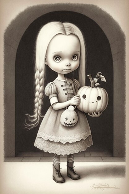 Foto dibujo de una niña sosteniendo una calabaza y una muñeca de jack y jill