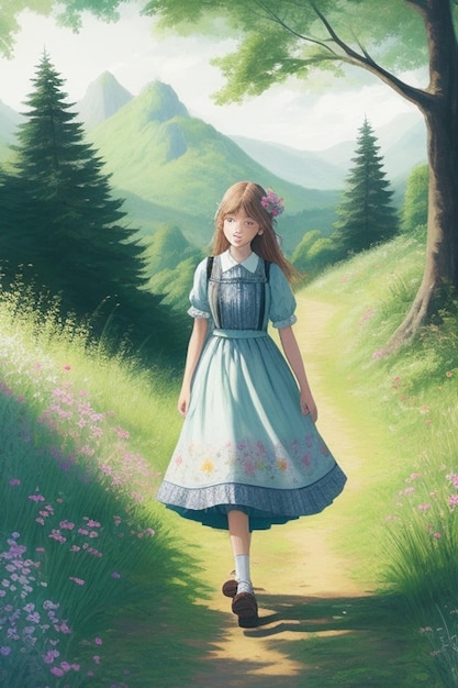 Un dibujo de una niña vestida caminando por un sendero del bosque frente a una hermosa montaña verde en t