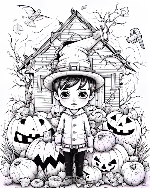 un dibujo de un niño frente a una casa con una calabaza en él