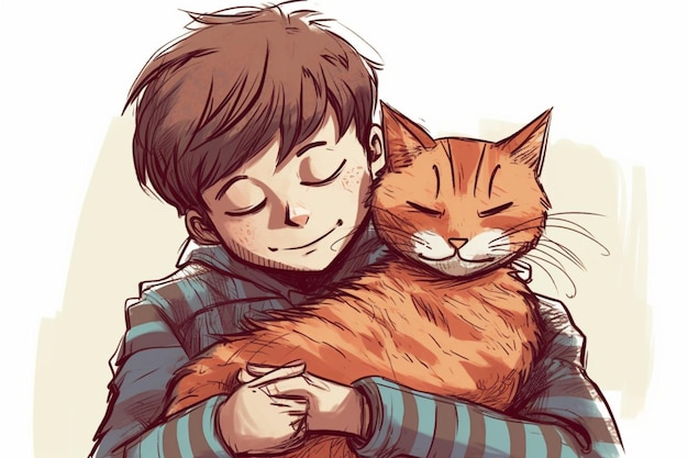 dibujo de un niño con un gato