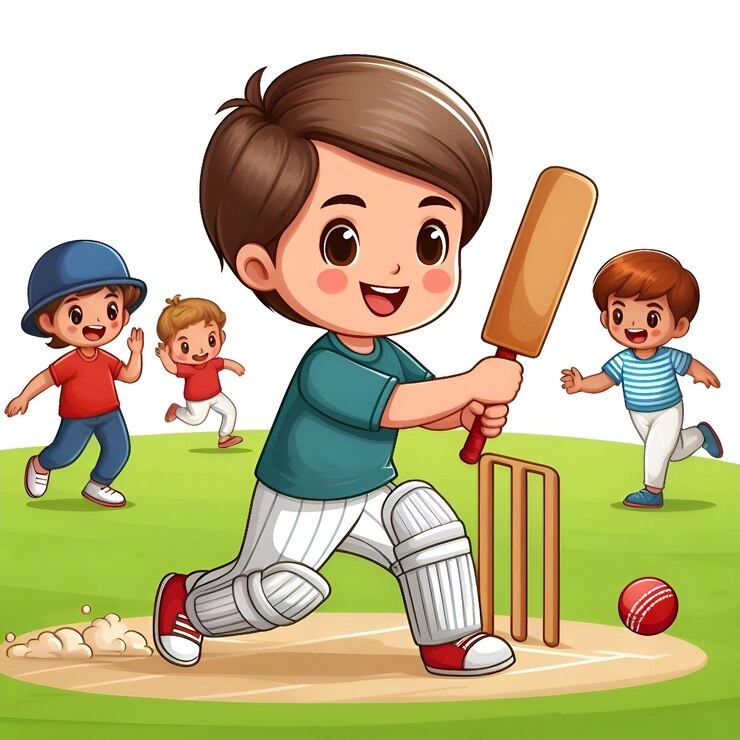 un dibujo de un niño jugando al cricket con otros niños jugando al béisbol
