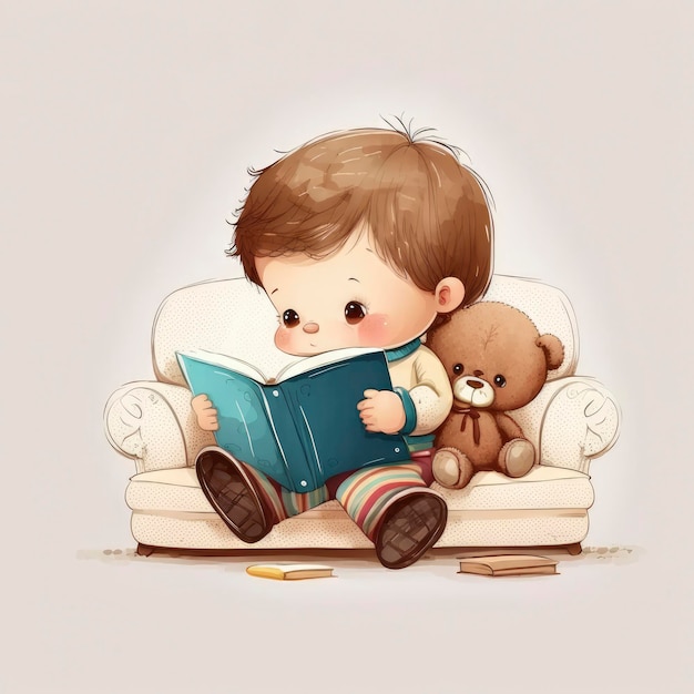 Un dibujo de un niño leyendo un libro con un osito de peluche.