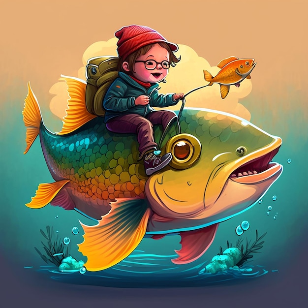 Un dibujo de un niño montando un gran pez con una mochila en la espalda.