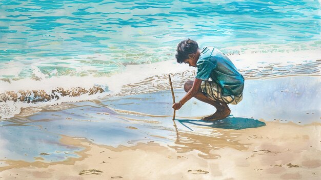 Foto un dibujo de un niño con un palo en la mano está en la playa