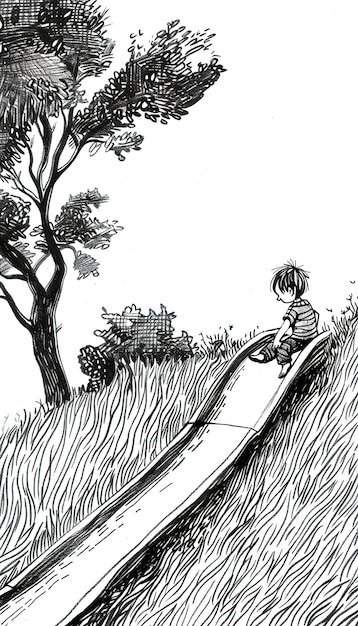 un dibujo de un niño sentado en un campo con un palo en la mano