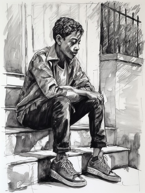 Un dibujo de un niño sentado en los escalones de un edificio.