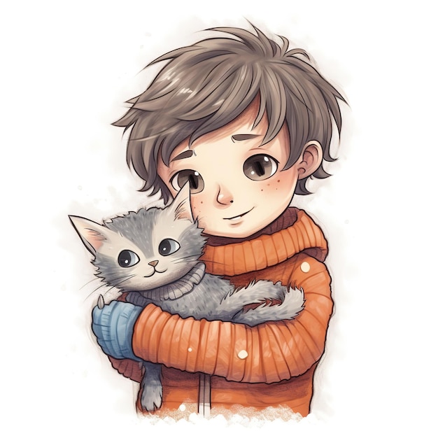 Un dibujo de un niño sosteniendo un gato.