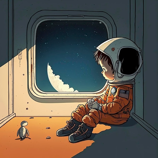 Un dibujo de un niño con un traje espacial naranja mirando un pájaro.