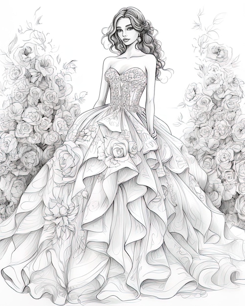 un dibujo de una novia en un vestido de novia