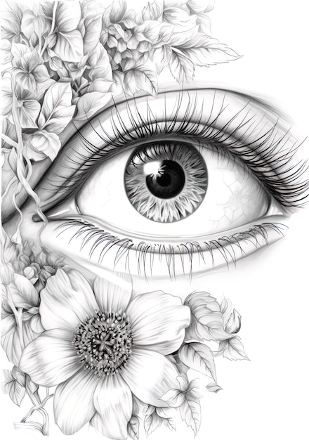 un dibujo de un ojo con flores y un dibujo de un ojo.