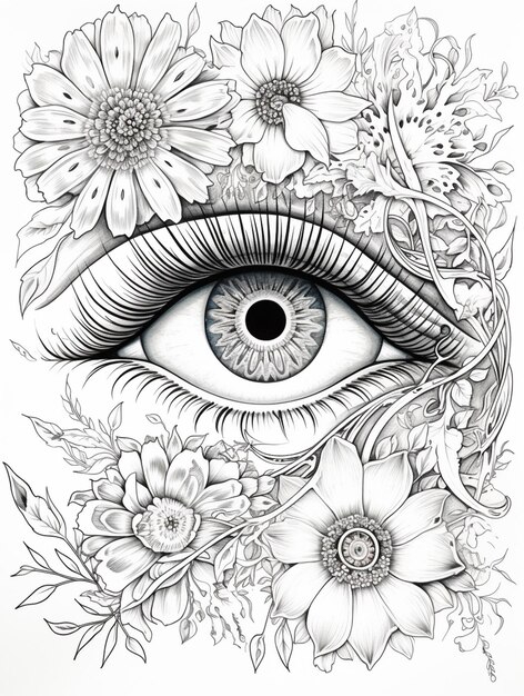 Foto un dibujo de un ojo con flores que lo rodean