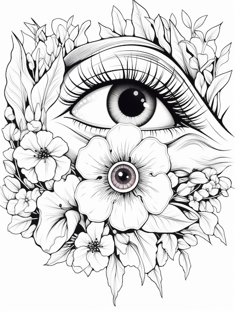 Foto un dibujo de un ojo con flores a su alrededor generativo ai