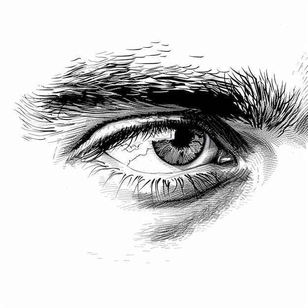 un dibujo de un ojo de hombre con un boceto en blanco y negro