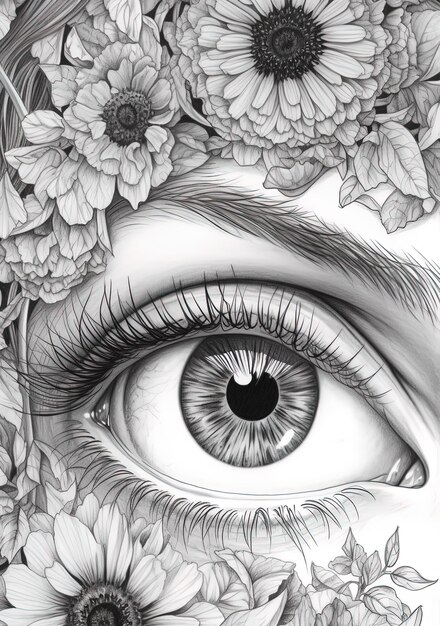 un dibujo del ojo de una mujer con flores en el medio.