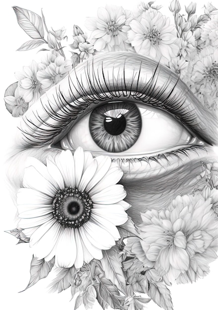 un dibujo de un ojo de mujer con flores y un ojo morado.