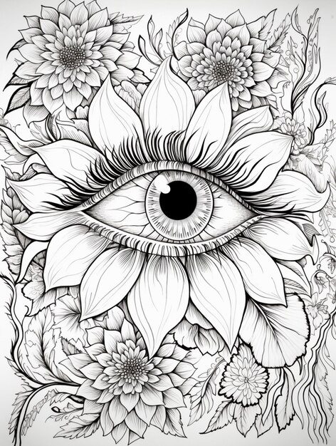 Foto un dibujo de un ojo rodeado de flores y hojas ai generative